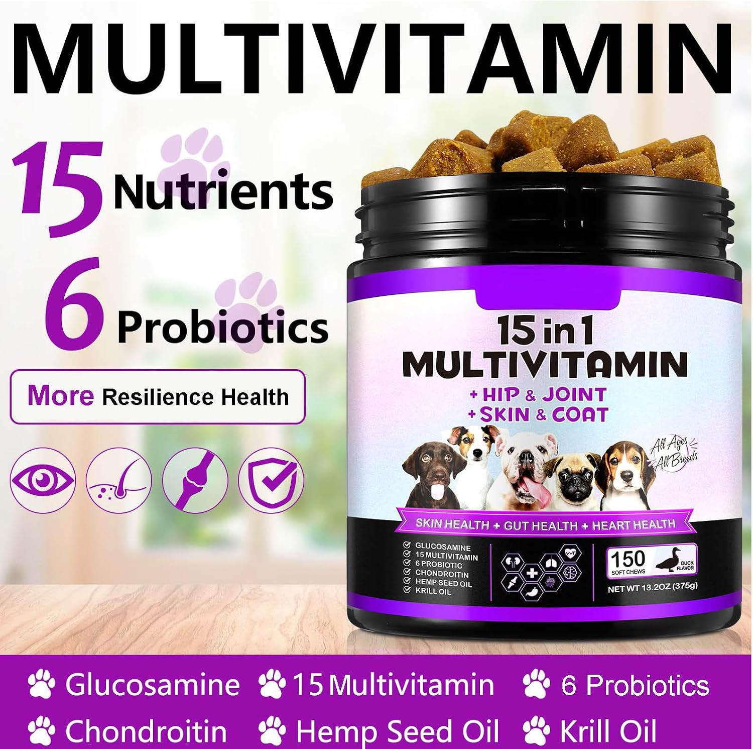 15-in-1 Multivitamínico para Perros con Glucosamina y Probióticos - Masticables Naturales Sabor Pato, 150 Piezas
