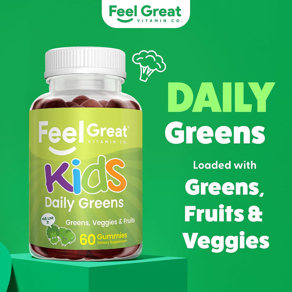 Feel Great Super Green Gummies para Niños | Gominolas de Frutas y Verduras | Multivitamínico Vegano