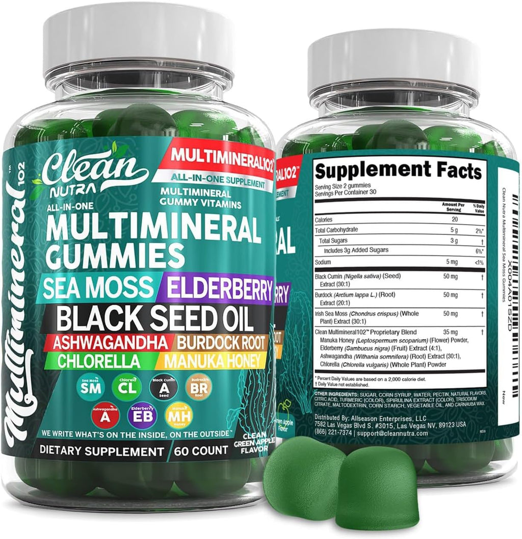 Gominolas de Sea Moss Multiminerales - Aceite de Semilla Negra, Ashwagandha, Saúco - Sabor Manzana Verde