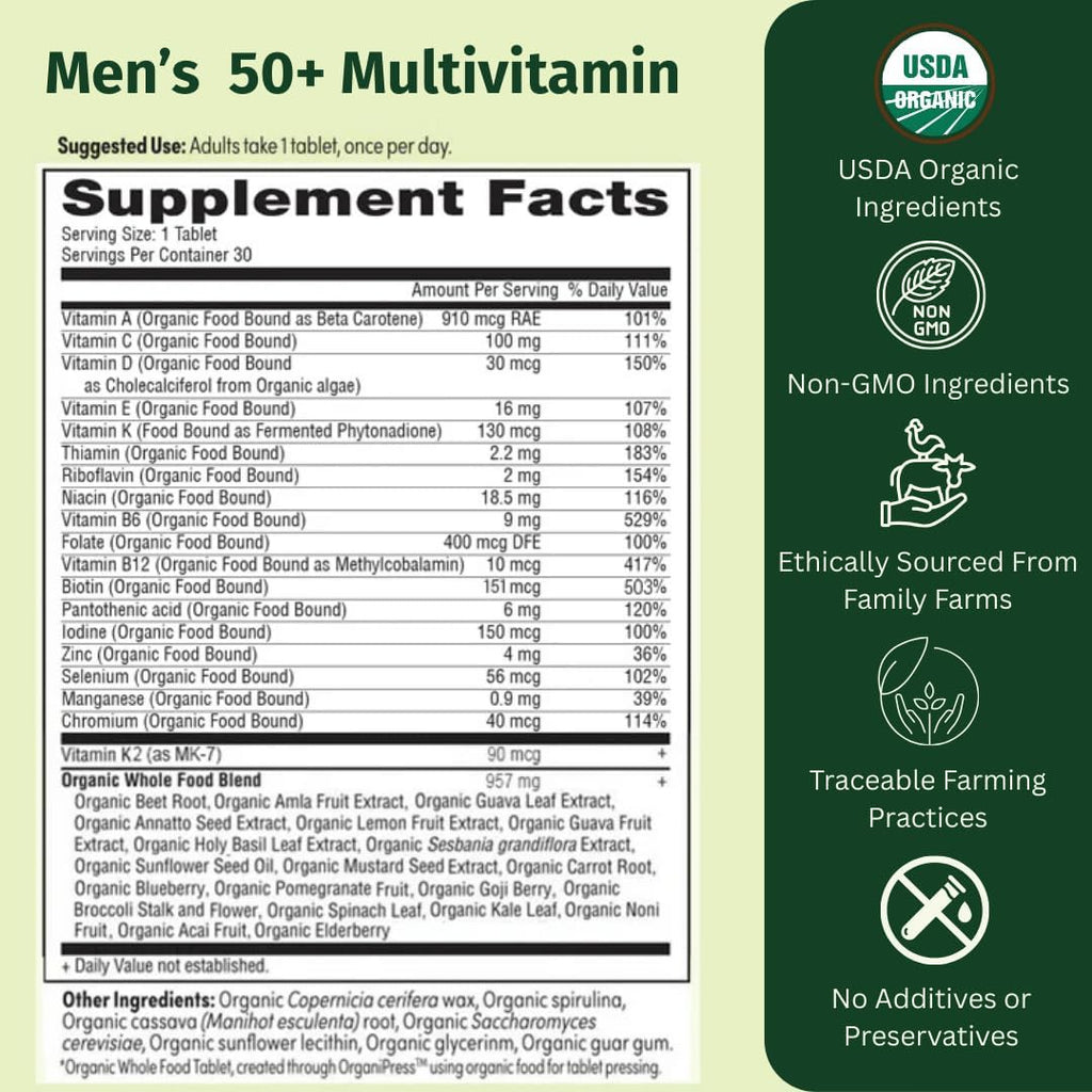 EarthFirst Organic Multivitamínico Diario para Hombres 50+ - 19 Vitaminas de Hierbas y Superalimentos, Apoya la Salud Prostática, Energía y Huesos Fuertes - 60 Comprimidos