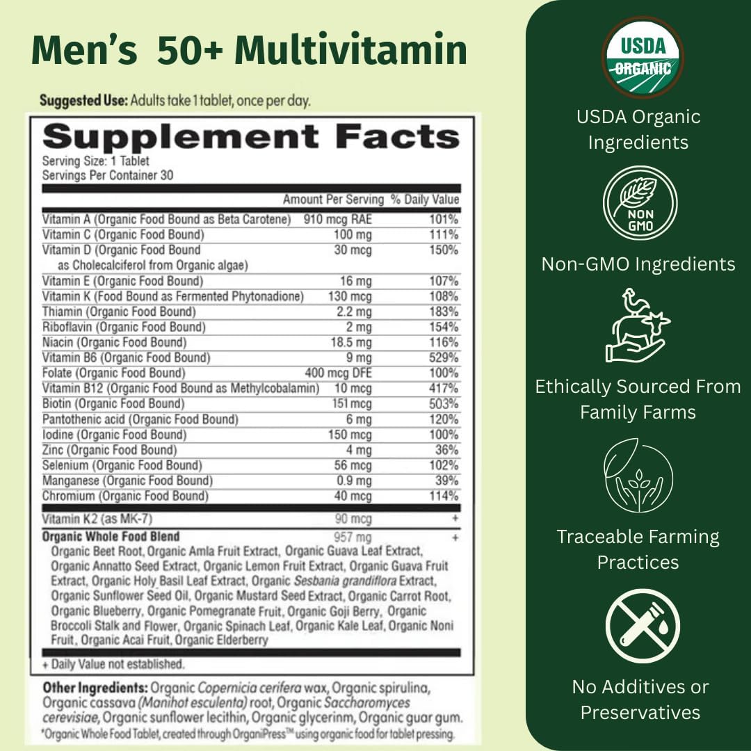 EarthFirst Organic Multivitamínico Diario para Hombres 50+ - 19 Vitaminas de Hierbas y Superalimentos, Apoya la Salud Prostática, Energía y Huesos Fuertes - 60 Comprimidos