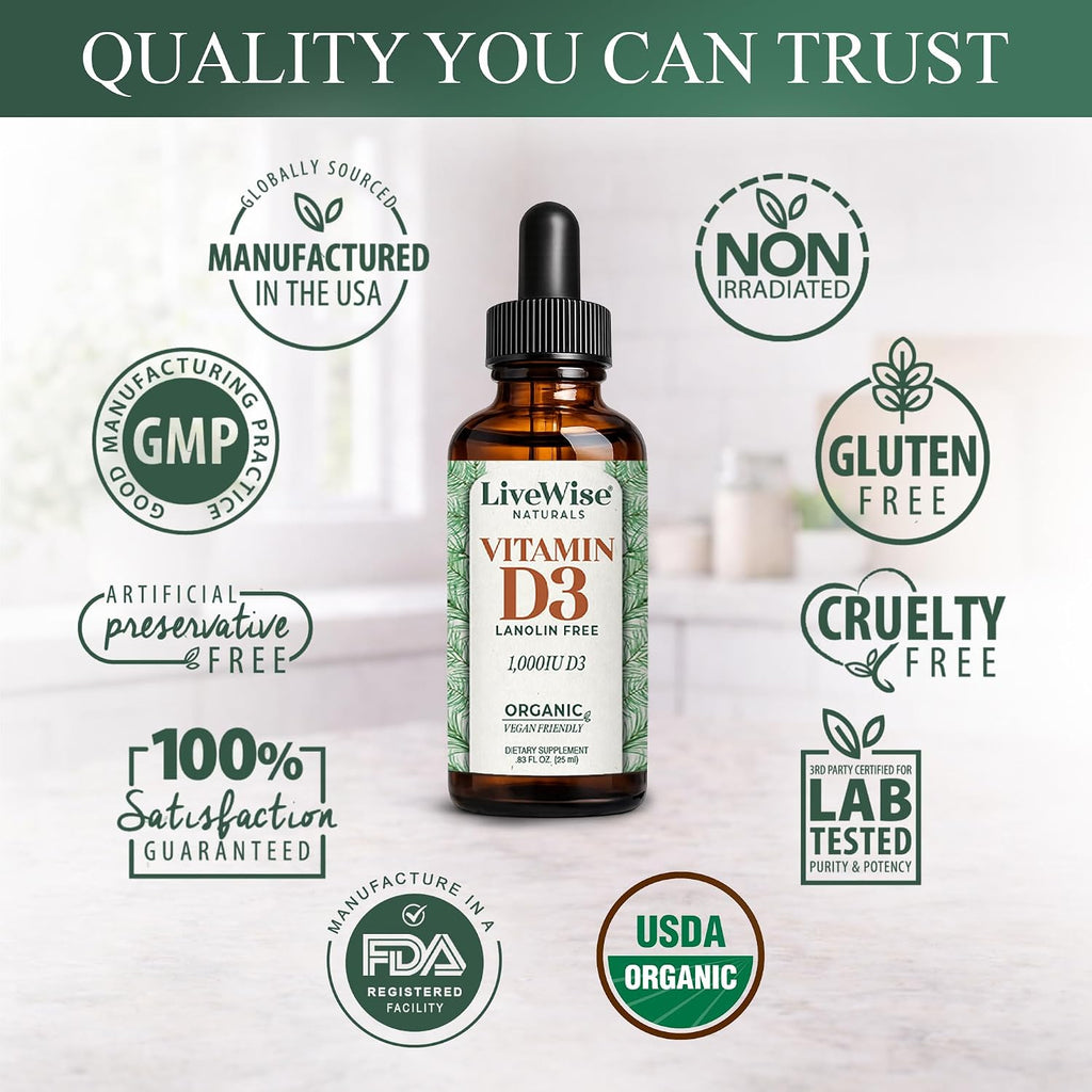 Live Wise Naturals Vitamina D3 1000 UI (25 mcg) Gotas - Fórmula Ultra Concentrada, Absorción Rápida, Vegana, con Aceite MCT Orgánico y Dosificador Microdosis
