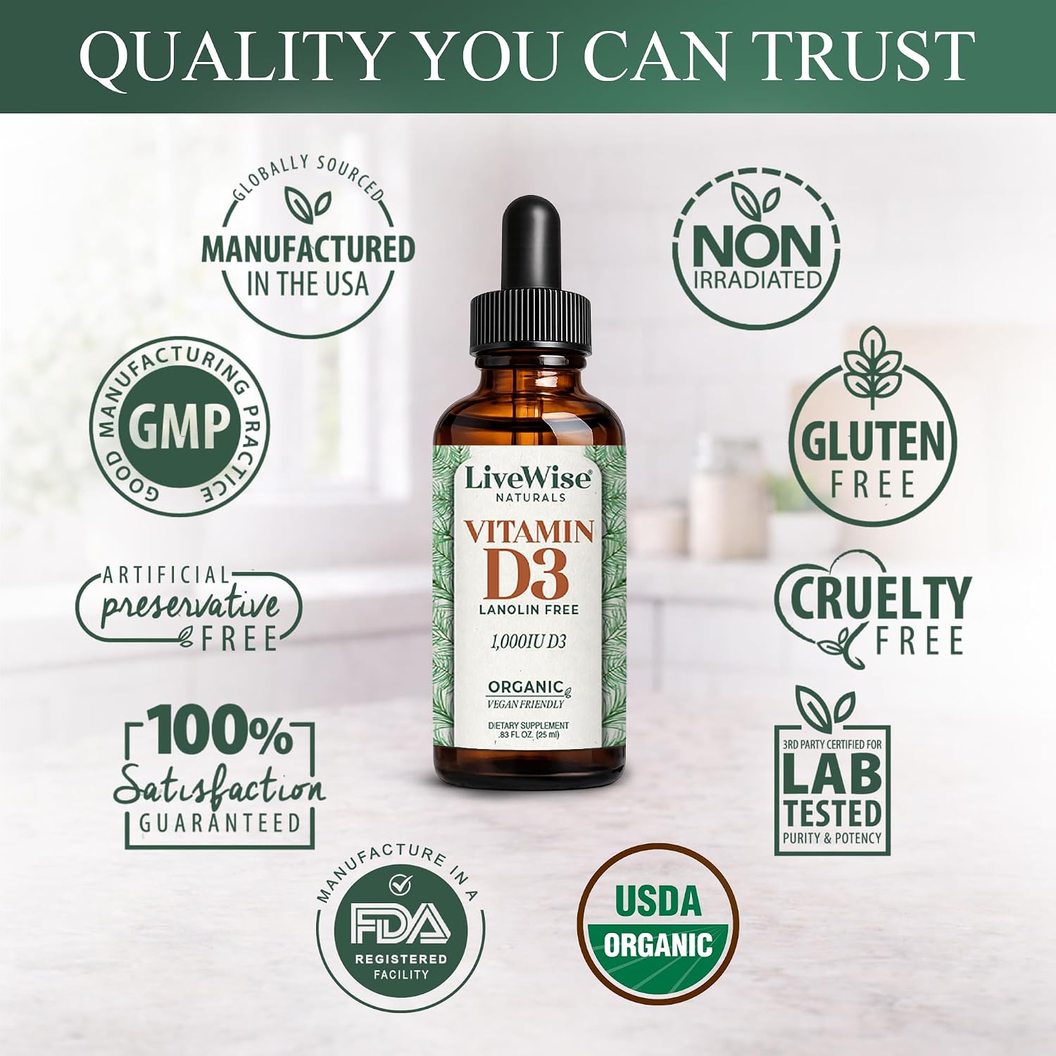 Live Wise Naturals Vitamina D3 1000 UI (25 mcg) Gotas - Fórmula Ultra Concentrada, Absorción Rápida, Vegana, con Aceite MCT Orgánico y Dosificador Microdosis