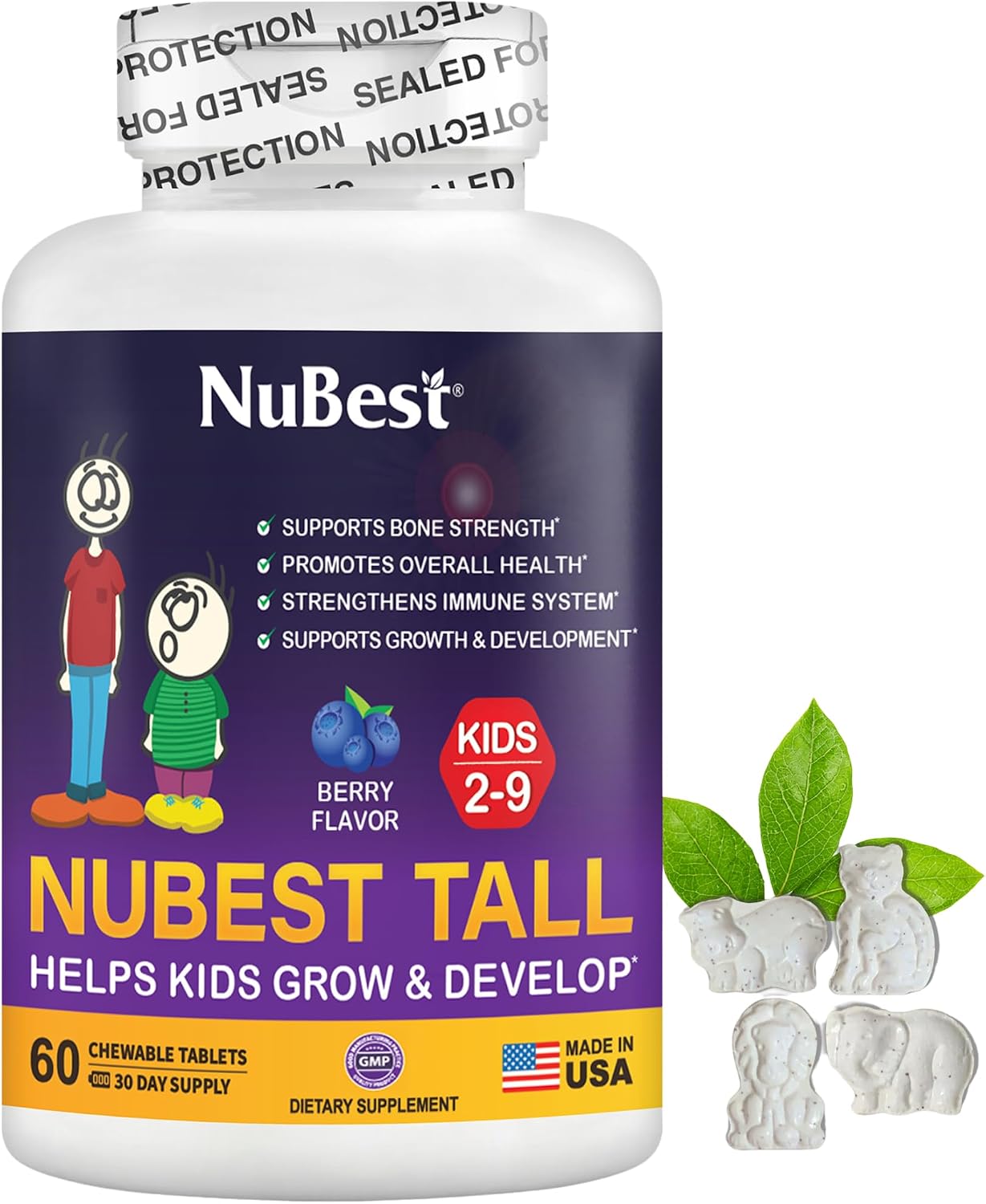NuBest Tall Kids - Vitaminas masticables para niños de 2 a 9 años - 180 comprimidos con sabor a bayas (Pack de 2) - Apoyo al crecimiento y sistema inmunitario