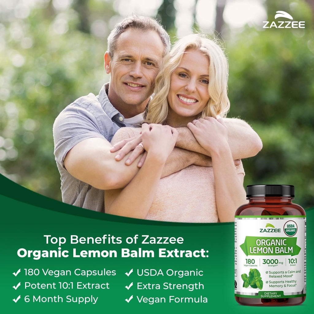 Zazzee Extracto de Melisa Orgánico 10:1 - 180 Cápsulas Veganas, 6 Meses de Suministro