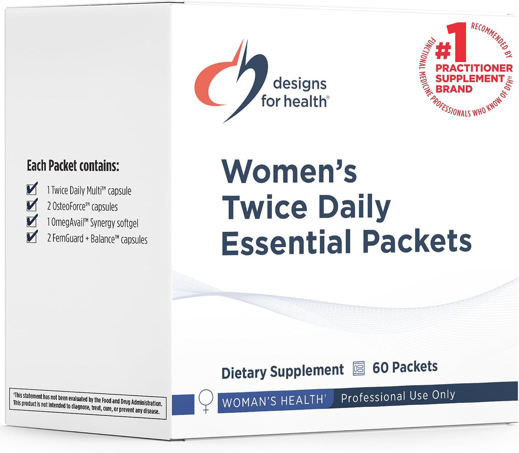 Designs for Health Paquetes Esenciales para Mujer - Multivitamínico sin Hierro, OsteoForce, OmegAvail + FemGuard+Balance (60 Paquetes)