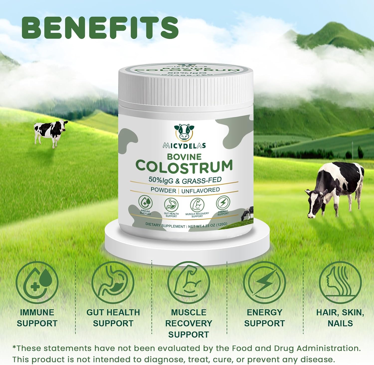 Bovine Colostrum Supplement Powder 50% IgG Premium Bovine Colostrum for Gut Health Support, Immune Support, Muscle Recovery & Overall Wellness, Grass Fed, Non-GMO, Unflavored, 60 Servings
