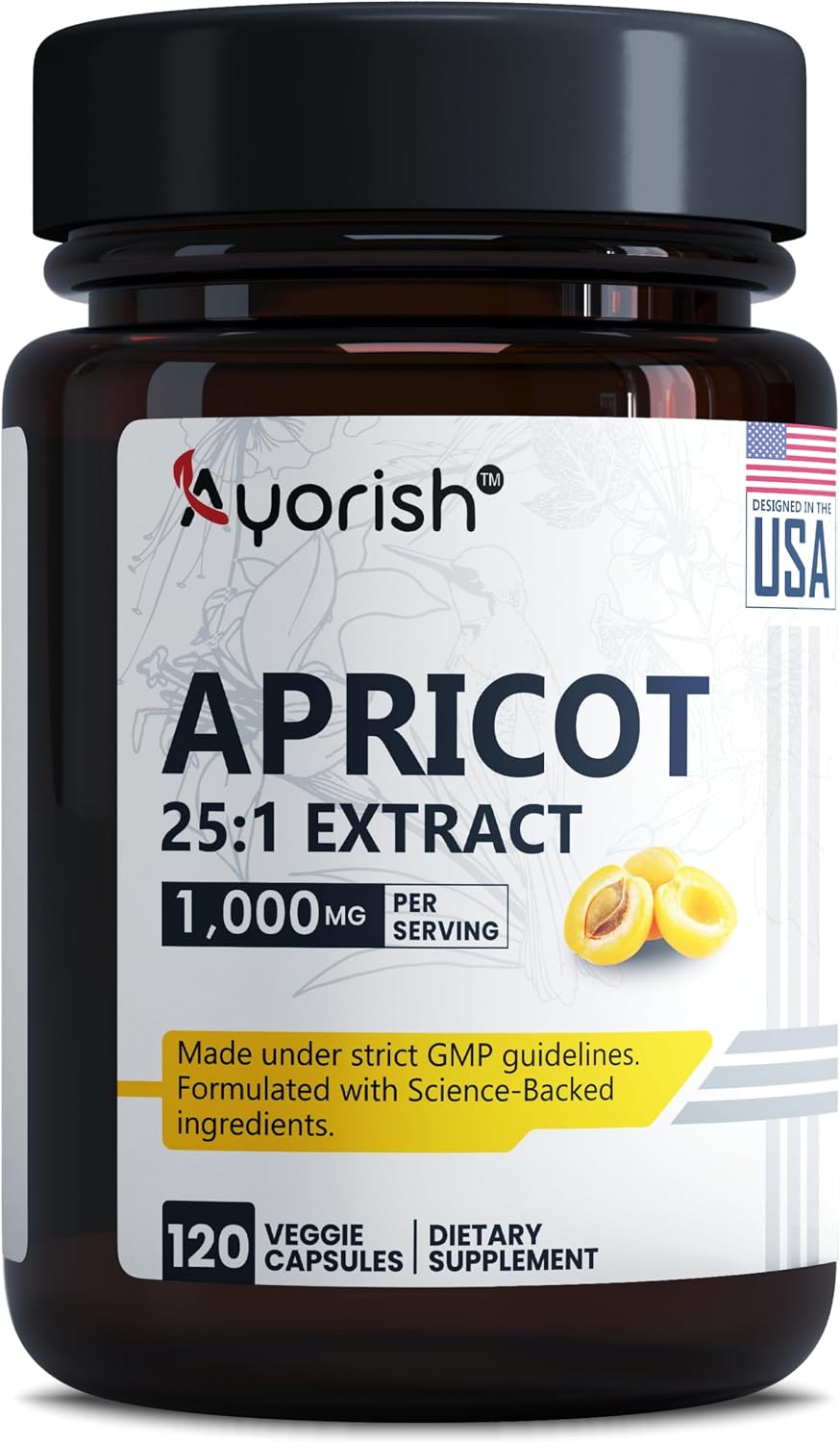 Ayorish Extracto de Albaricoque 25:1, 500 mg por Cápsula, 1000 mg por Ración - 120 Cápsulas