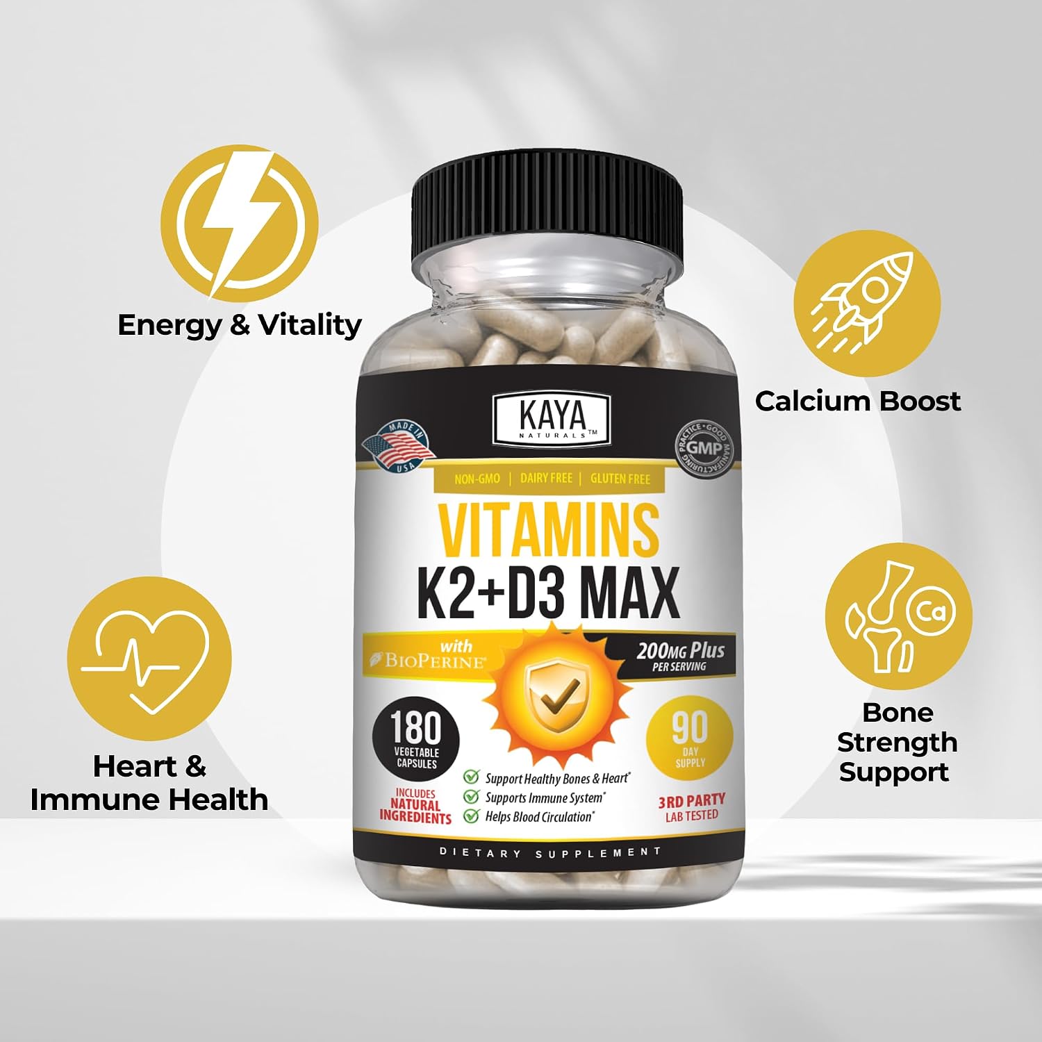 Kaya Naturals Vitaminas K2 con D3 5000IU Suplemento para Hombres y Mujeres - Cápsulas Fáciles de Tragar con Bioperina (180 Cápsulas)