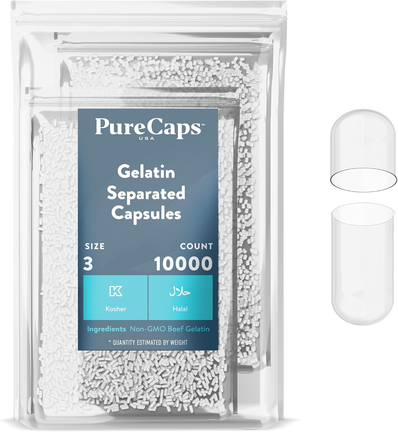 PureCaps USA - Cápsulas de Gelatina Vacías Tamaño 3 | 1000 Cápsulas Separadas | Transparentes | Certificadas Non-GMO | Sin SLS, Gluten, Conservantes