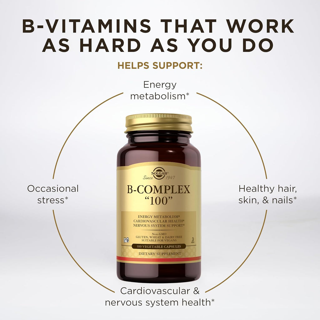 Solgar B-Complex '100' - 100 Cápsulas Vegetales - Apoyo al Metabolismo Energético y Sistema Nervioso - Sin Gluten, Vegano, Sin Soja
