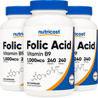 Nutricost Ácido Fólico (Vitamina B9) 1000 mcg, 240 Cápsulas (3 Frascos)