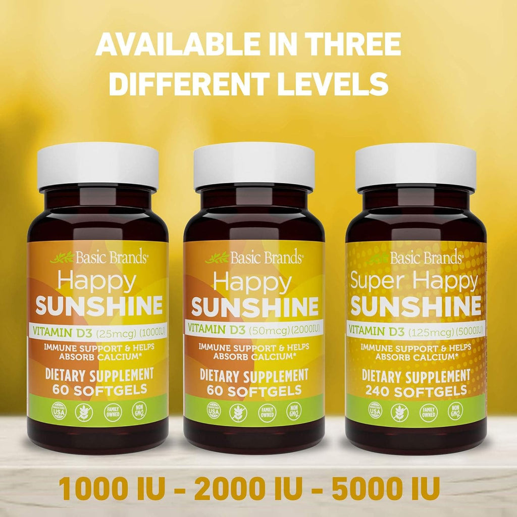 Basic Brands Super Happy Sunshine Vitamina D3 5000 IU | 240 Cápsulas Blandas