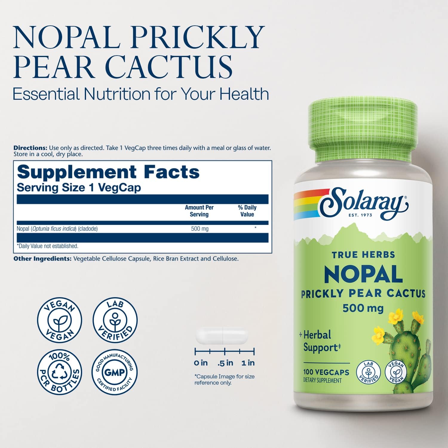 Solaray Nopal Prickly Pear Cactus - 500 mg por Dosis, 100 Cápsulas Veganas