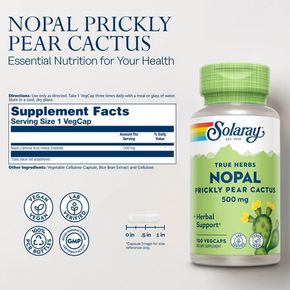 Solaray Nopal Prickly Pear Cactus - 500 mg por Dosis, 100 Cápsulas Veganas – Image 2
