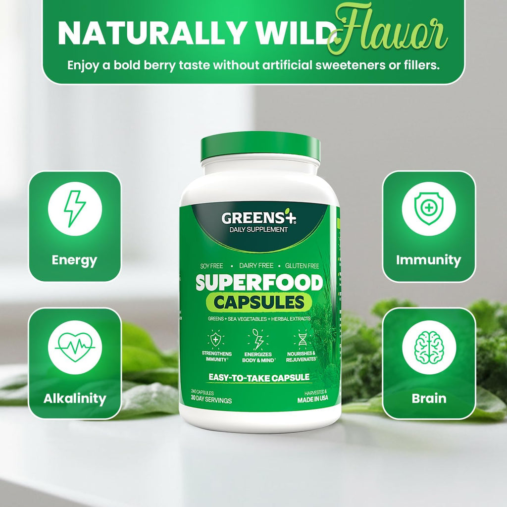 Greens+ Cápsulas de Superalimentos Orgánicos - Espirulina y Clorela Orgánicas con Alfalfa y Pasto de Trigo - 240 Cápsulas