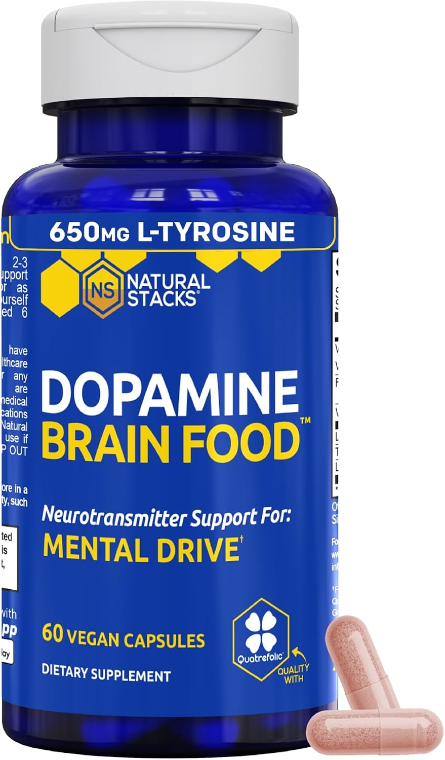 NATURAL STACKS Dopamine Brain Food - 650mg L-Tirosina - Complemento para el Enfoque y Energía Mental - 120 Cápsulas