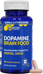 NATURAL STACKS Dopamine Brain Food - 650mg L-Tirosina - Complemento para el Enfoque y Energía Mental - 120 Cápsulas