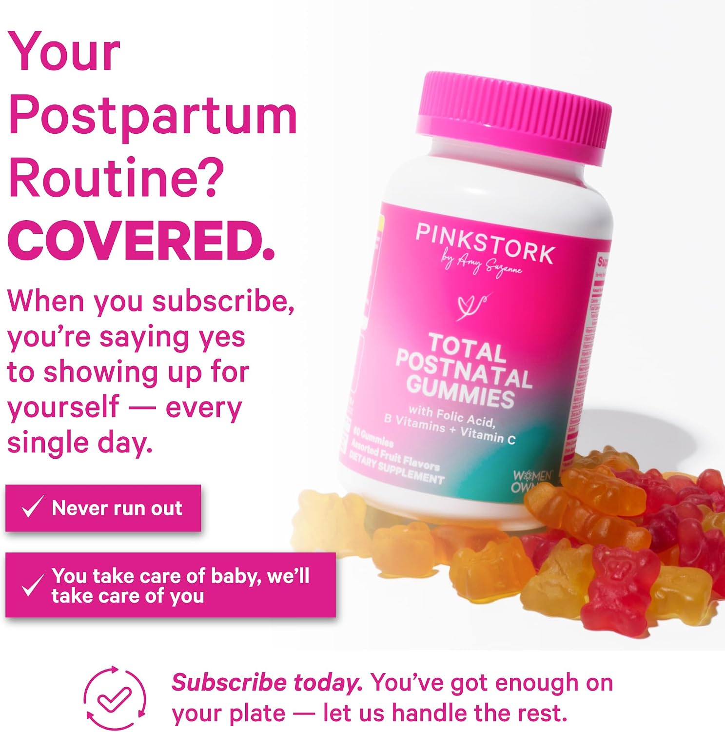 Pink Stork Total Postnatal Vitamin Gummies - Multivitamínico para la Recuperación Postparto y Apoyo a la Lactancia - 60 Gominolas