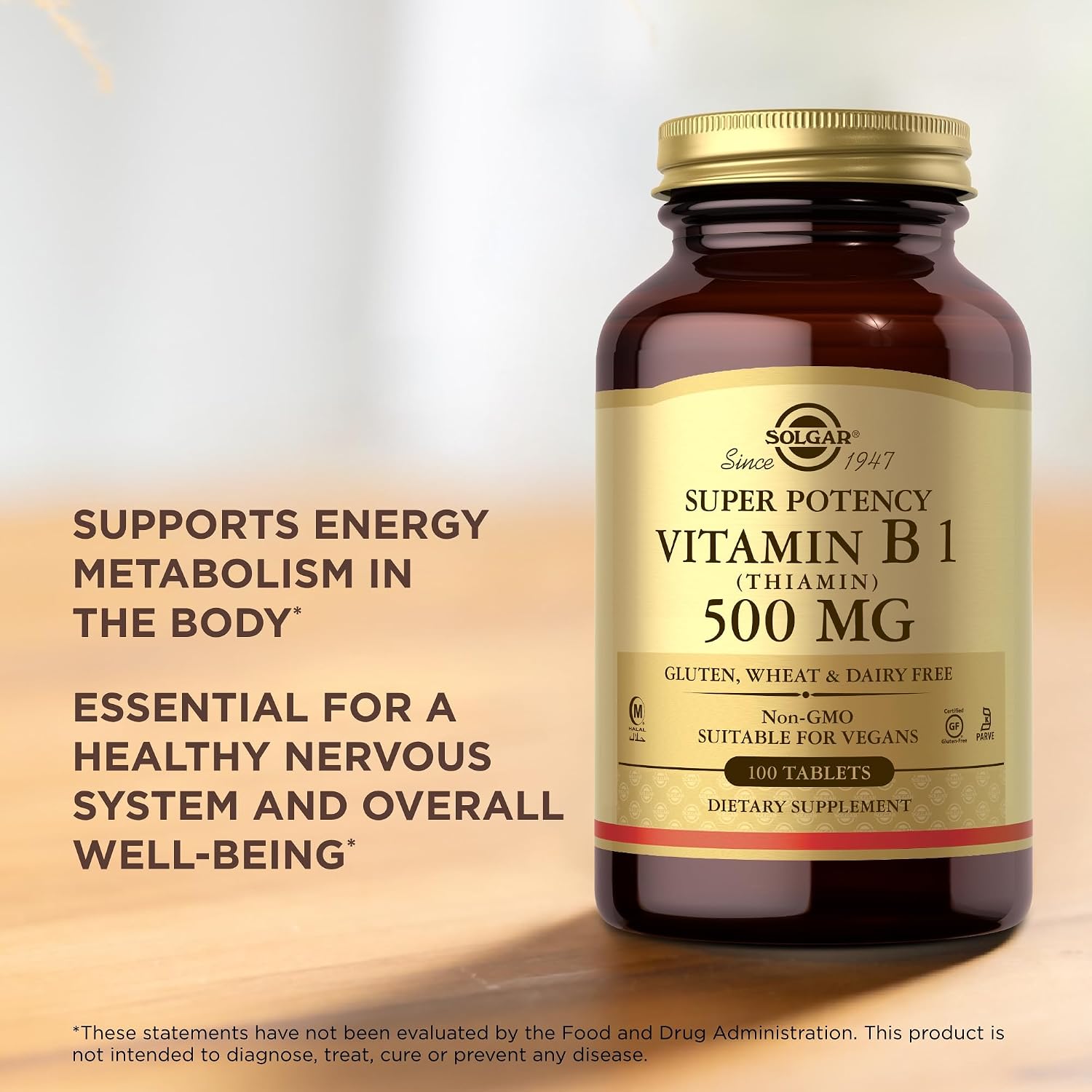 Solgar Vitamina B1 (Tiamina) 500 mg - 100 Comprimidos - Fórmula de Super Potencia