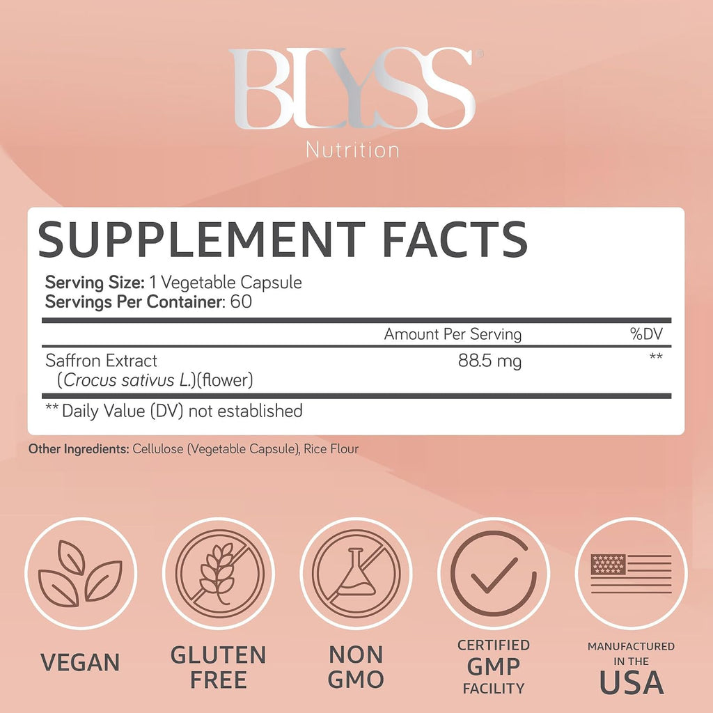 BLYSS Nutrition GOOD VIBES – Suplemento de Azafrán para Mujer, 60 Cápsulas Veganas