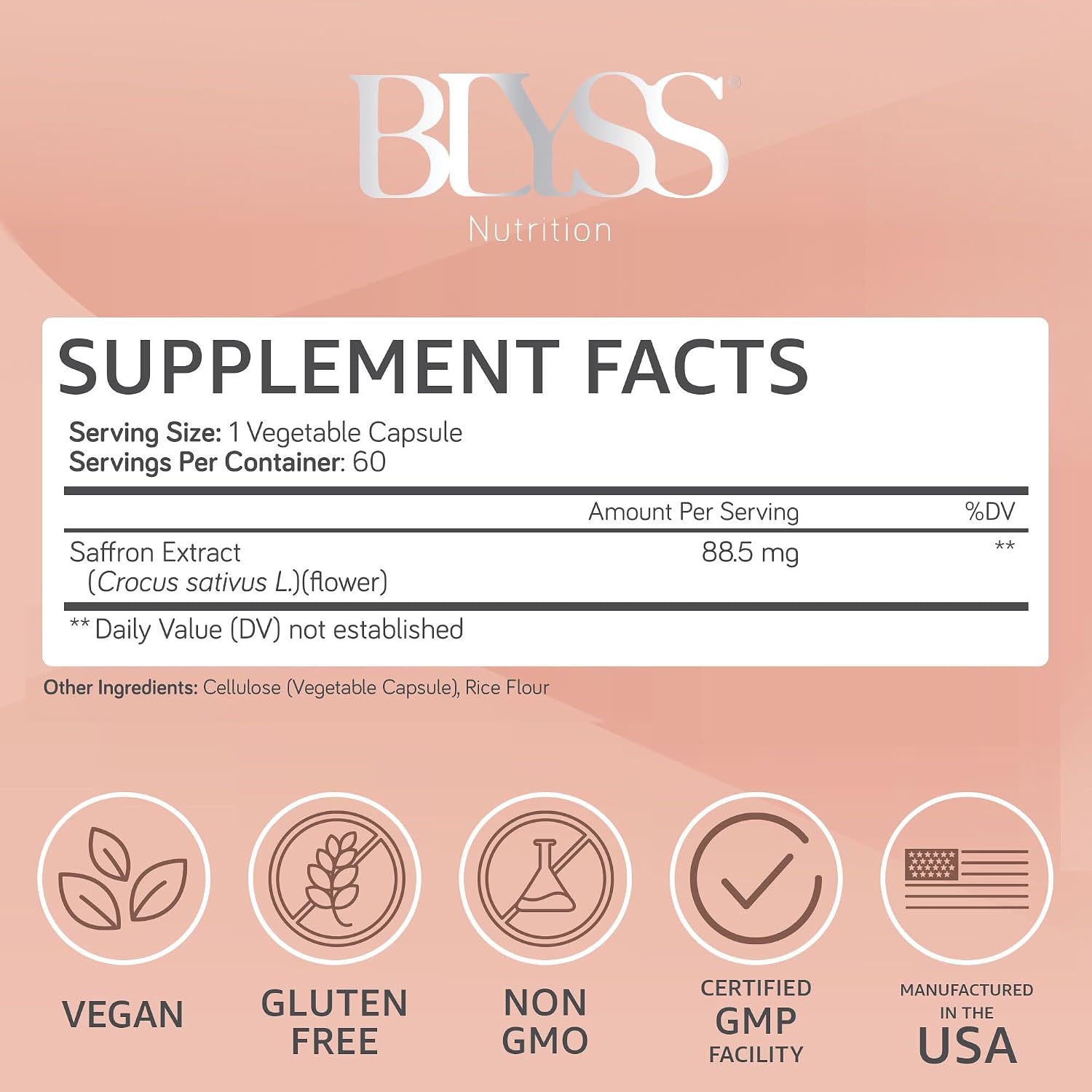 BLYSS Nutrition GOOD VIBES – Suplemento de Azafrán para Mujer, 60 Cápsulas Veganas