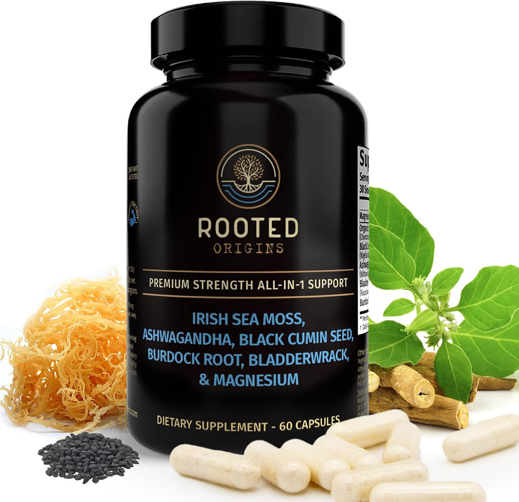 Rooted Origins Cápsulas de Sea Moss – Irish Sea Moss Avanzado, Magnesio, Ashwagandha, Aceite de Semilla Negra, Raíz de Bardana y Bladderwrack – Apoyo Inmune, Salud Digestiva, Energía y Más – 60 Cápsulas