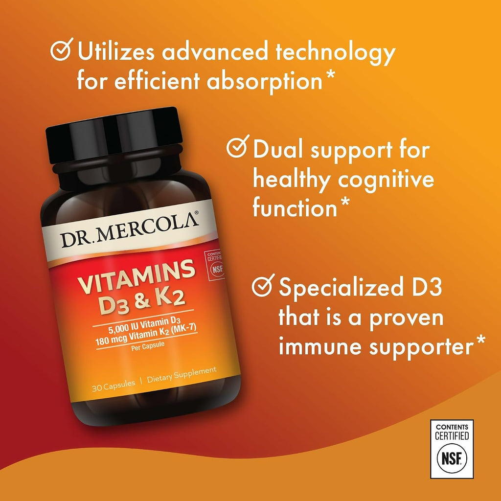 Dr. Mercola Vitamina D3 y K2 - 5000 UI D3 y 180 mcg K2 - 30 Cápsulas