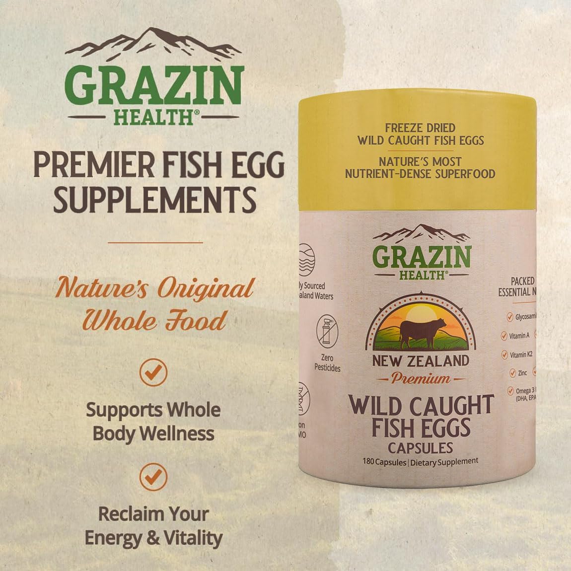 GRAZIN HEALTH Cápsulas de Huevas de Pescado – 3000mg por Porción | Omega-3, DHA y EPA