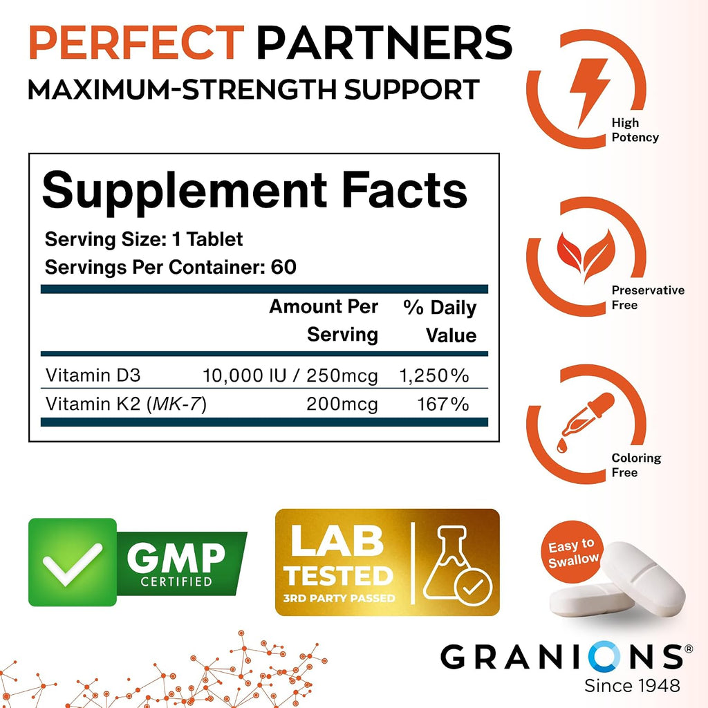 Granions Max Strength Vitamina D3 K2 10.000 UI + 200 mcg MK-7, 60 Comprimidos