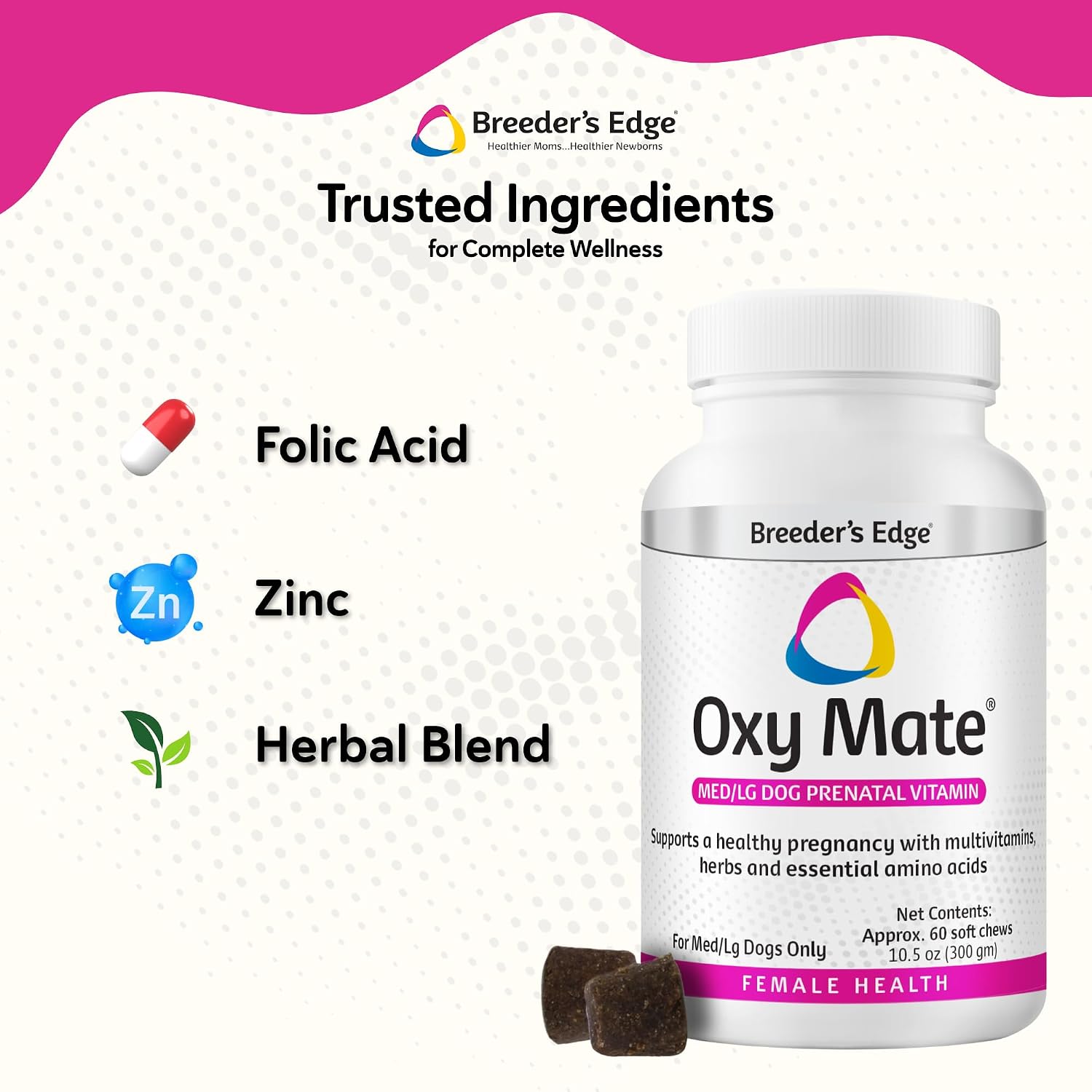 Breeder's Edge Oxy Mate Prenatal Vitamins for Dogs & Cats - Soft Chews with Iron, Folic Acid & Zinc - 60 Count