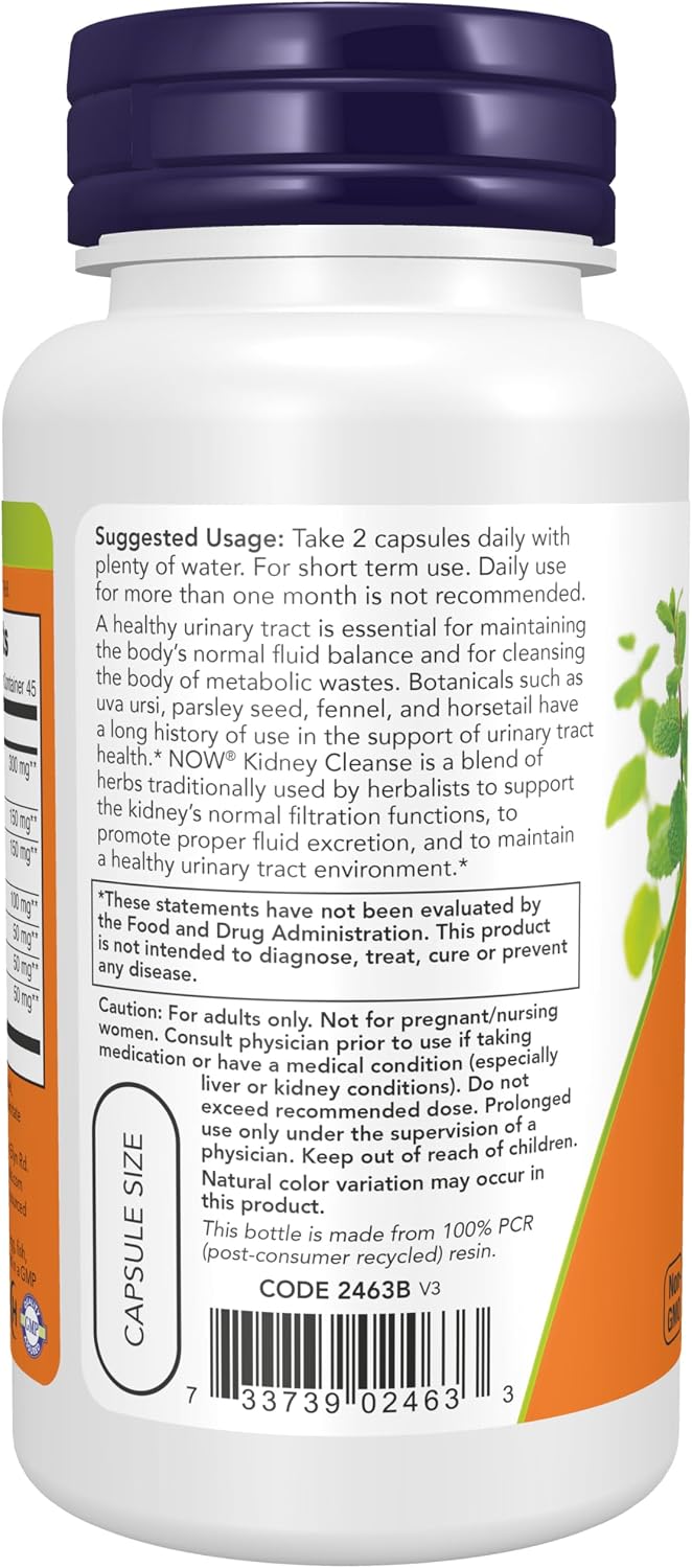 NOW Supplements, Kidney Cleanse with Uva Ursi, Parsley, Fennel and Horsetail, 90 Veg Capsules