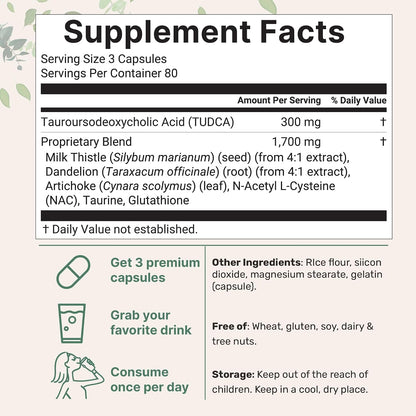 Micro Ingredients TUDCA Bile Salts 2,000mg Supplement, 240 Cápsulas | Complejo 7 en 1 con NAC, Cardo Mariano, Glutatión, Diente de León y Alcachofa