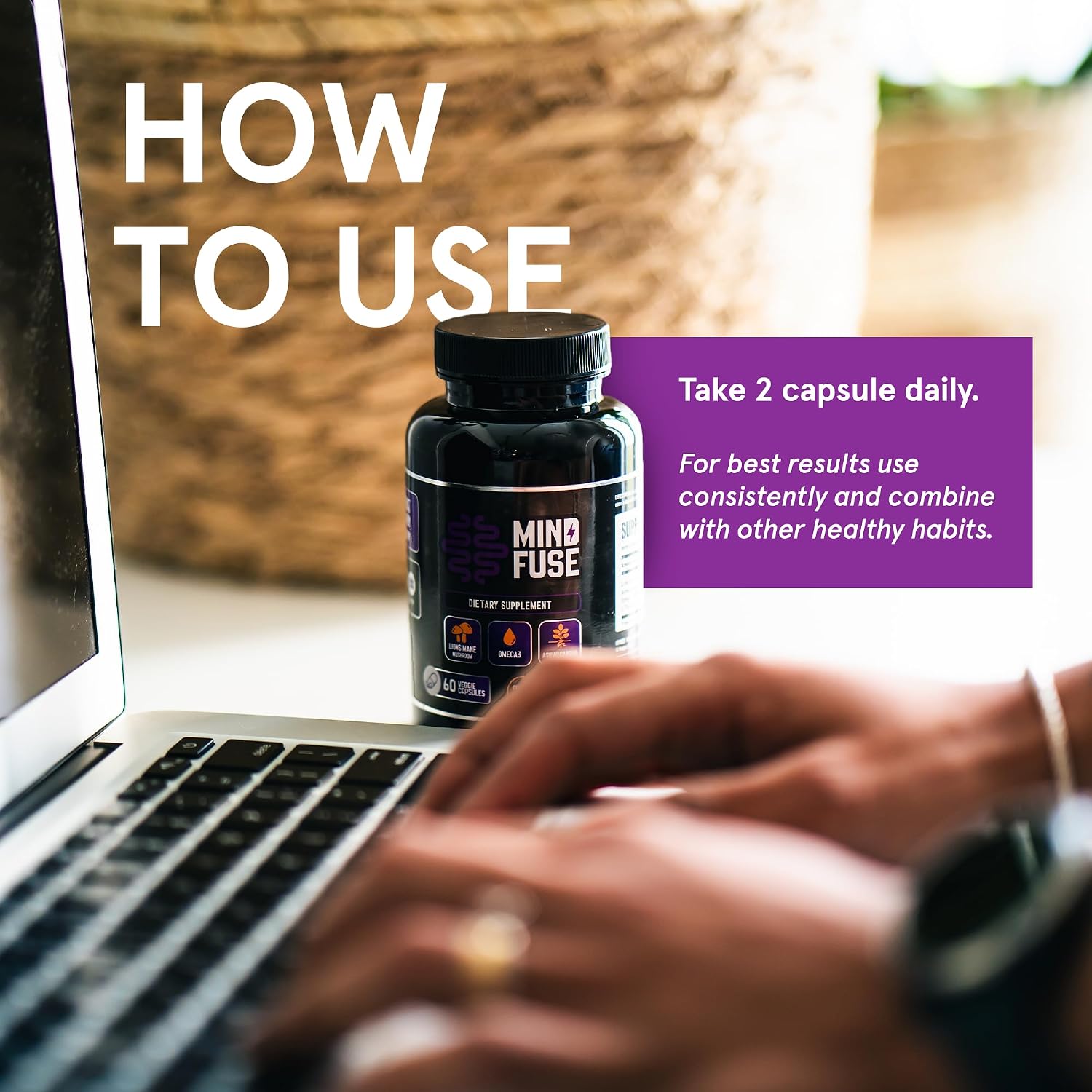 Mind Fuse Nootropic Memory Booster - Cápsulas de Lion's Mane con Omega-3, Ashwagandha y L-Theanine para el Enfoque y la Memoria - Sin Gluten 60 Cápsulas