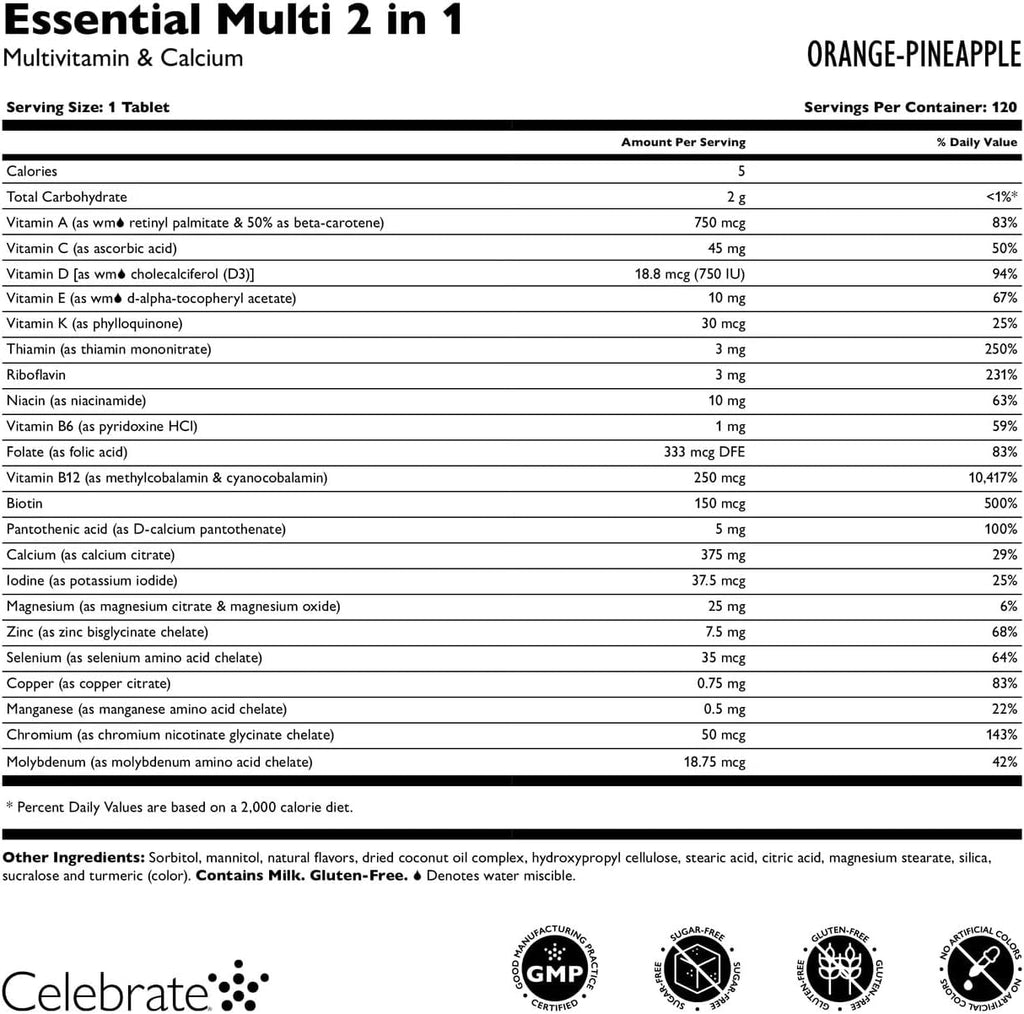 Celebrate Vitamins 2-en-1 Multivitamínico Bariátrico con Citrato de Calcio - Vitaminas A, D, E - Naranja Piña (120 Comprimidos)