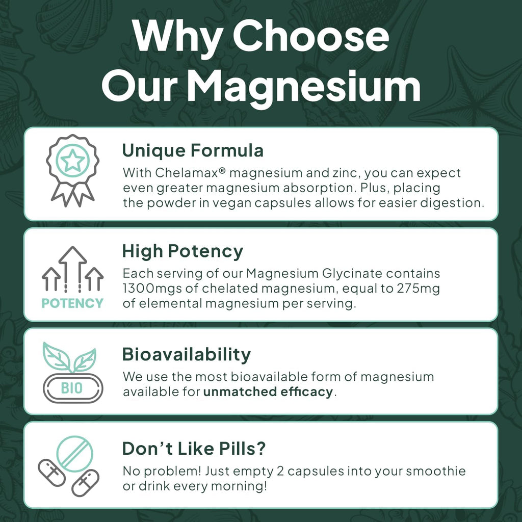 Organics Ocean Magnesio Glicinato Puro con Zinc - Suplemento de Magnesio Quelado de Máxima Potencia para Mujeres y Hombres, Ayuda contra Calambres Musculares y Favorece el Sueño - 6 Frascos