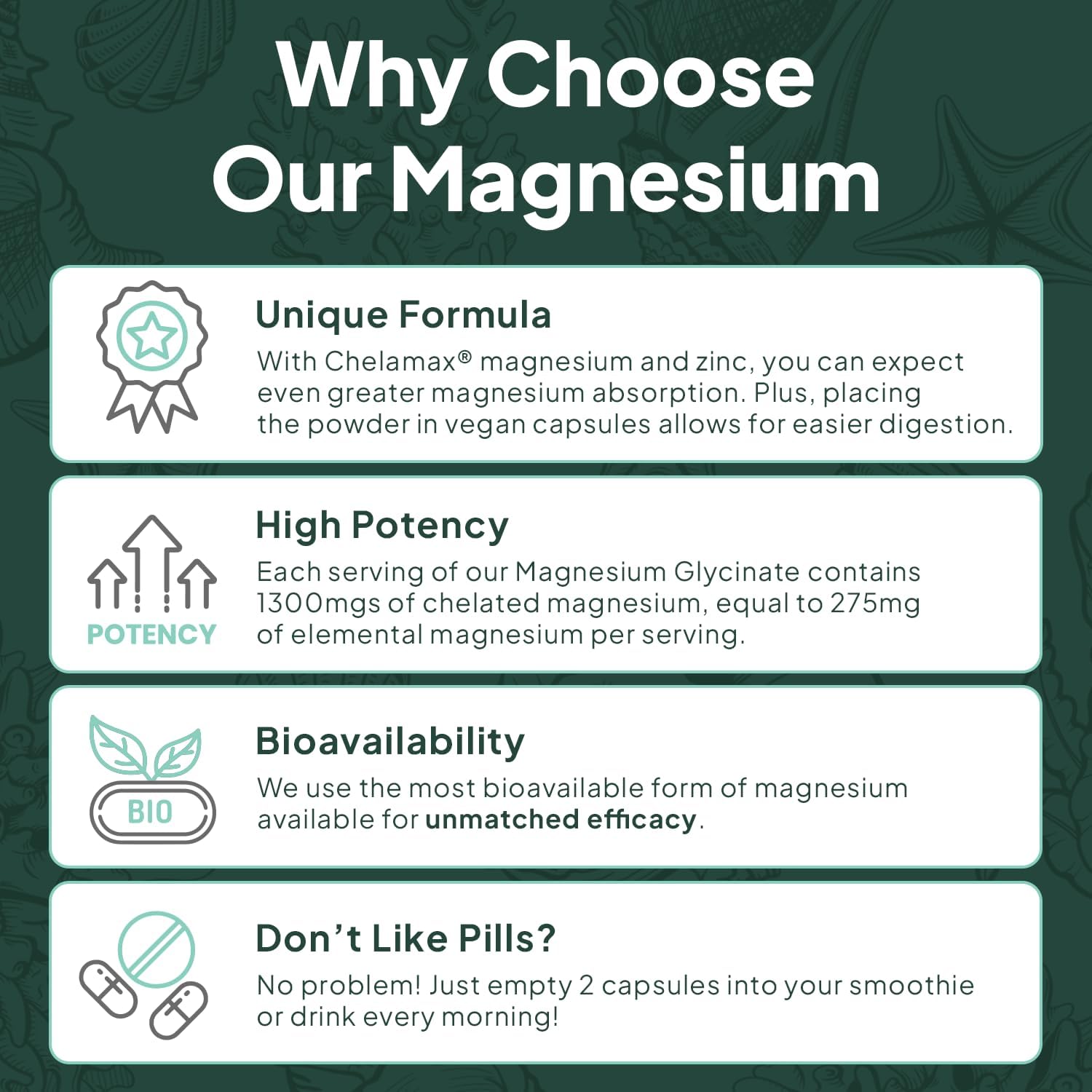 Organics Ocean Magnesio Glicinato Puro con Zinc - Suplemento de Magnesio Quelado de Máxima Potencia para Mujeres y Hombres, Ayuda contra Calambres Musculares y Favorece el Sueño - 6 Frascos