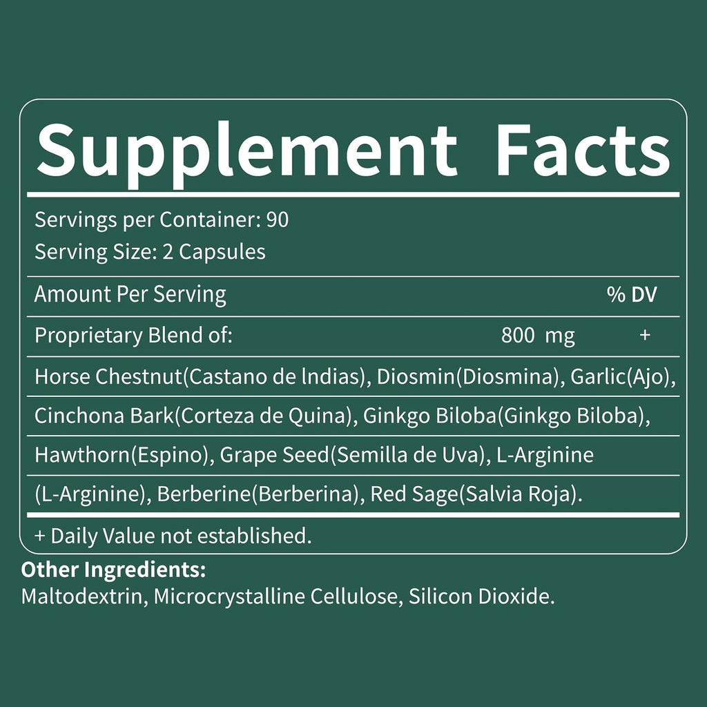 Cápsulas de Castaño de Indias y Diosmina para la Circulación - Suplemento Herbal 10 en 1 - 90 Cápsulas