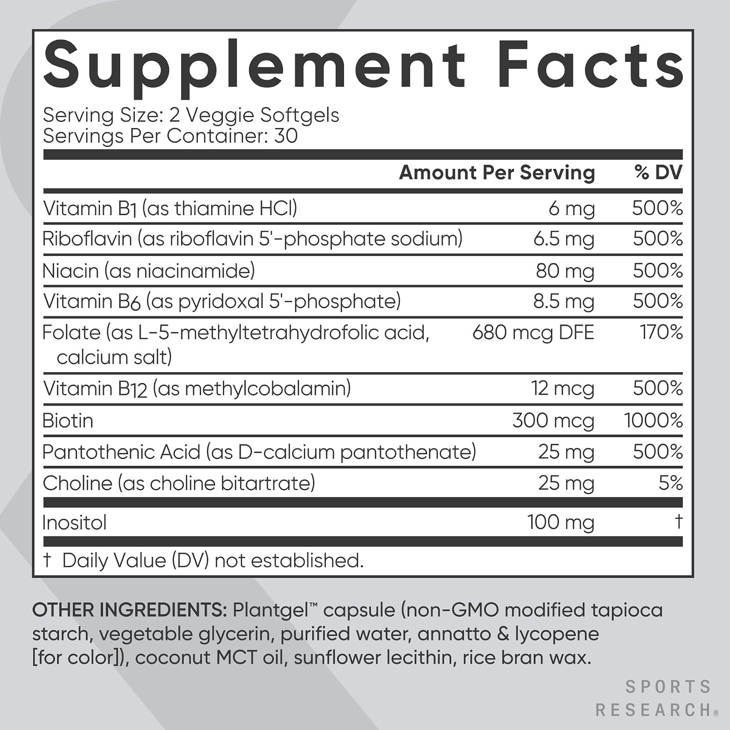 Sports Research® Complejo B - Espectro completo de vitaminas B con B12 y folato metilados - Fórmula vegana - 60 cápsulas blandas vegetales