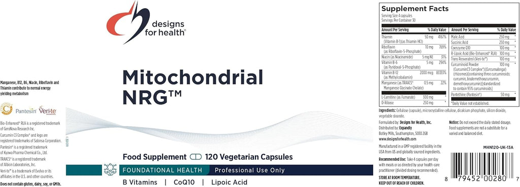 Designs for Health Mitochondrial NRG – Suplemento de Energía Mitocondrial con Ácido Alfa Lipóico, Resveratrol Trans y Curcumina (120 Cápsulas Veganas)