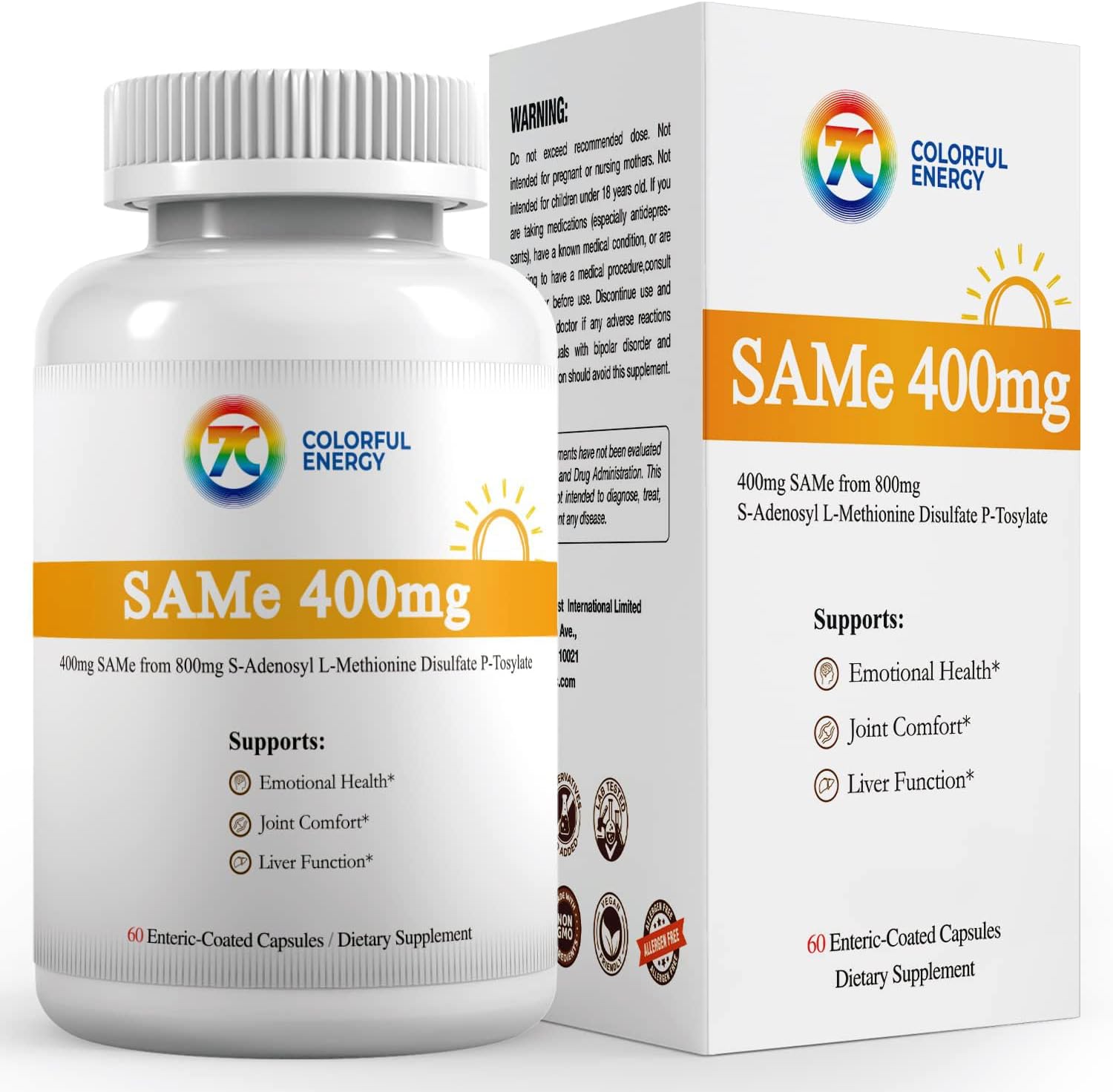 7c SAM-e 400 mg (S-Adenosilmetionina) con Vitaminas B6 y B12, Estado de Ánimo y Confort Articular, Vegano, Sin Gluten, 60 Cápsulas Gastrorresistentes