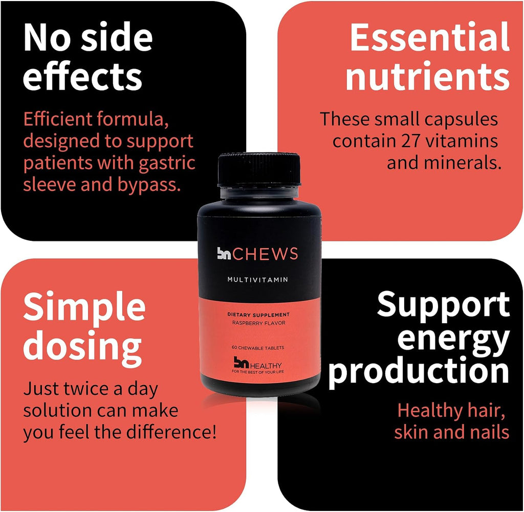 BNHealthy Chews Multivitamínico Bariátrico con Hierro - Masticable Diario con B12, D3, Folato y Zinc, Sabor Frambuesa, para Adultos Post-Cirugía, 60 Unidades