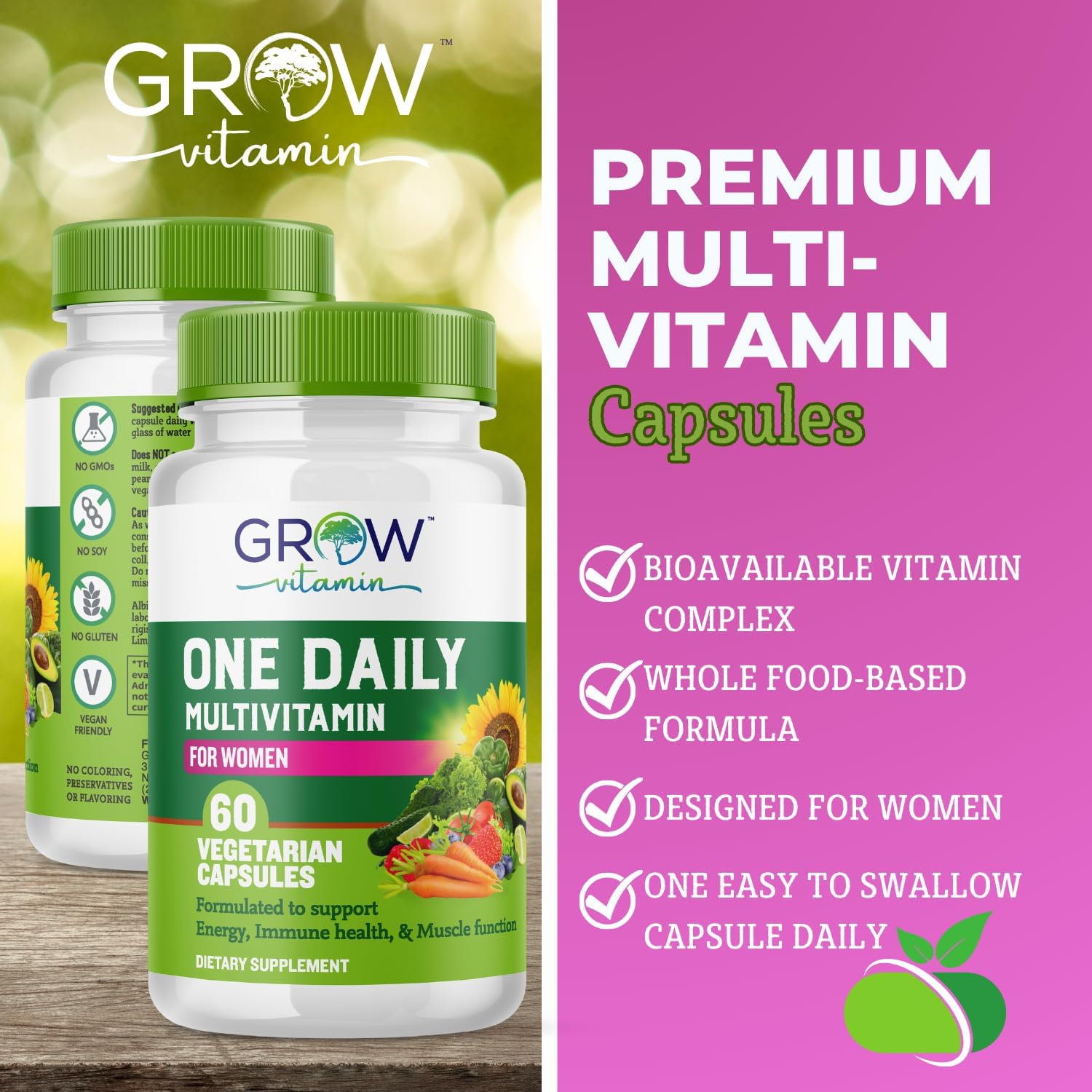 grow vitamin Multivitamínico Diario para Mujeres - 24 Vitaminas y Minerales - 60 Cápsulas - 2 Meses de Suministro