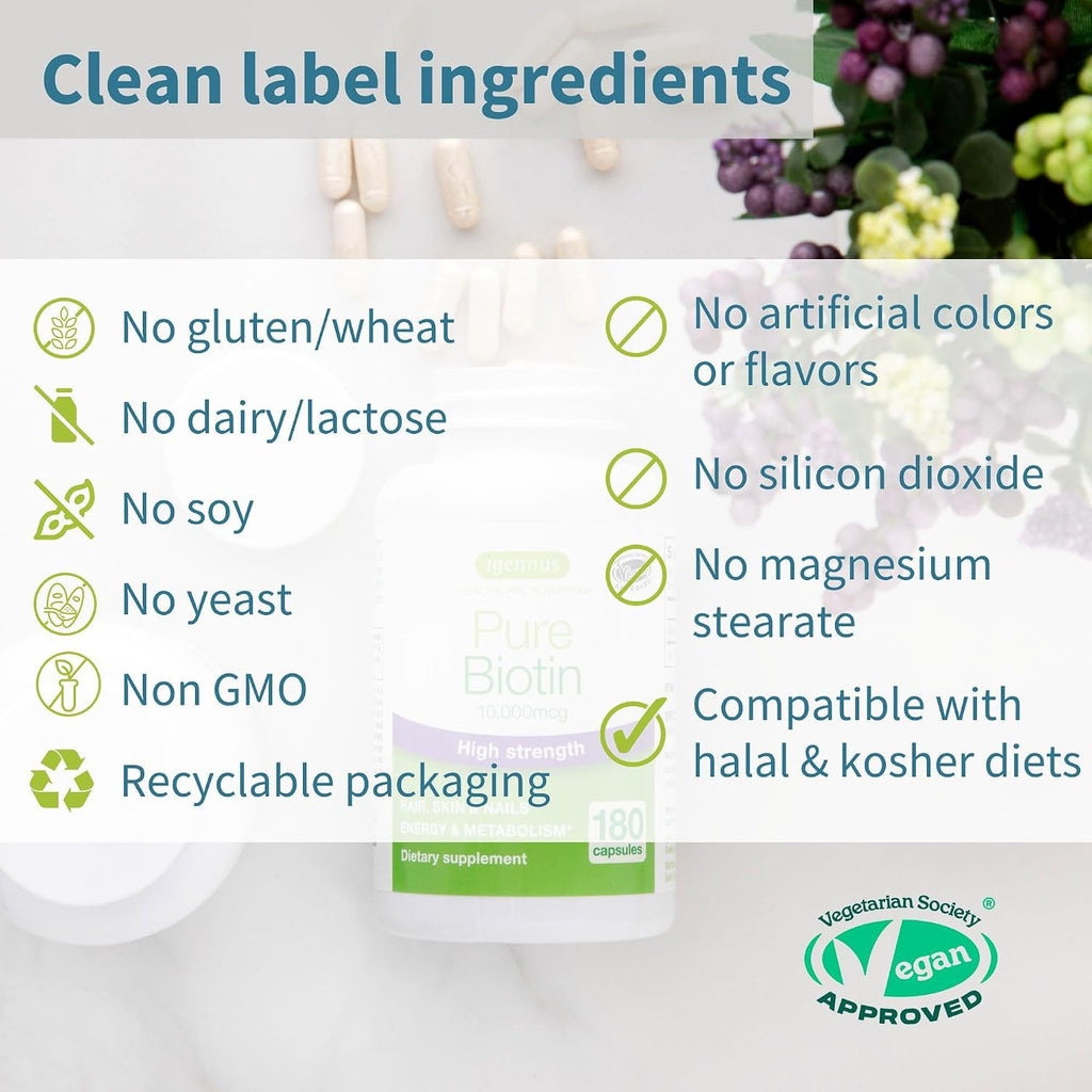 Igennus Clean Biotin 10.000 mcg - 180 Cápsulas Veganas de Alta Potencia