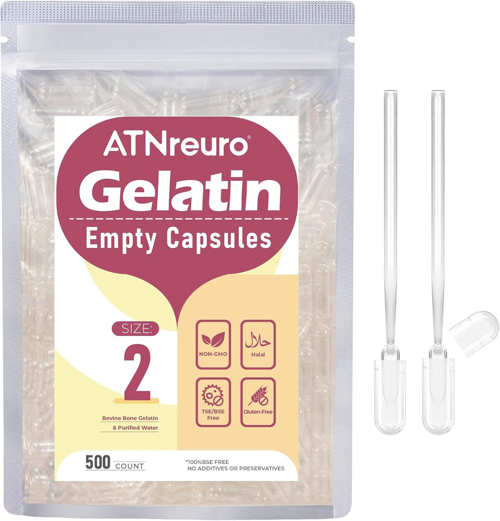 ATNreuro Cápsulas de Gelatina Vacías Tamaño 2 - 100 uds con 2 Micro Cucharas - Cápsulas para Rellenar con Suplementos en Polvo