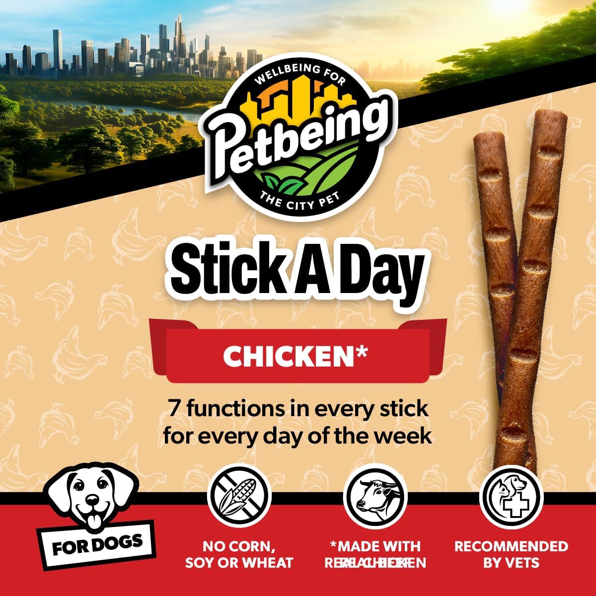 PETBEING Stick a Day para Perros - Snacks Diarios con Sabor a Pollo Real y Apoyo 7 en 1 - 28 unidades