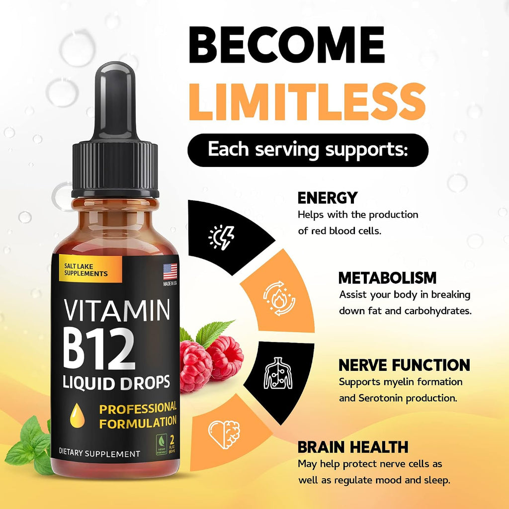 Gotas Líquidas de Vitamina B12 - 5000 mcg Metilcobalamina, Complejo B (B2, B3, B6), Vegano, Sin Gluten, Sabor Frambuesa, 2 fl oz (59 ml)