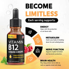 Gotas Líquidas de Vitamina B12 - 5000 mcg Metilcobalamina, Complejo B (B2, B3, B6), Vegano, Sin Gluten, Sabor Frambuesa, 2 fl oz (59 ml)