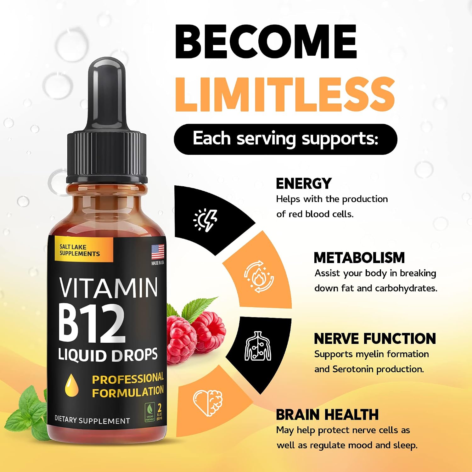 Gotas Líquidas de Vitamina B12 - 5000 mcg Metilcobalamina, Complejo B (B2, B3, B6), Vegano, Sin Gluten, Sabor Frambuesa, 2 fl oz (59 ml)