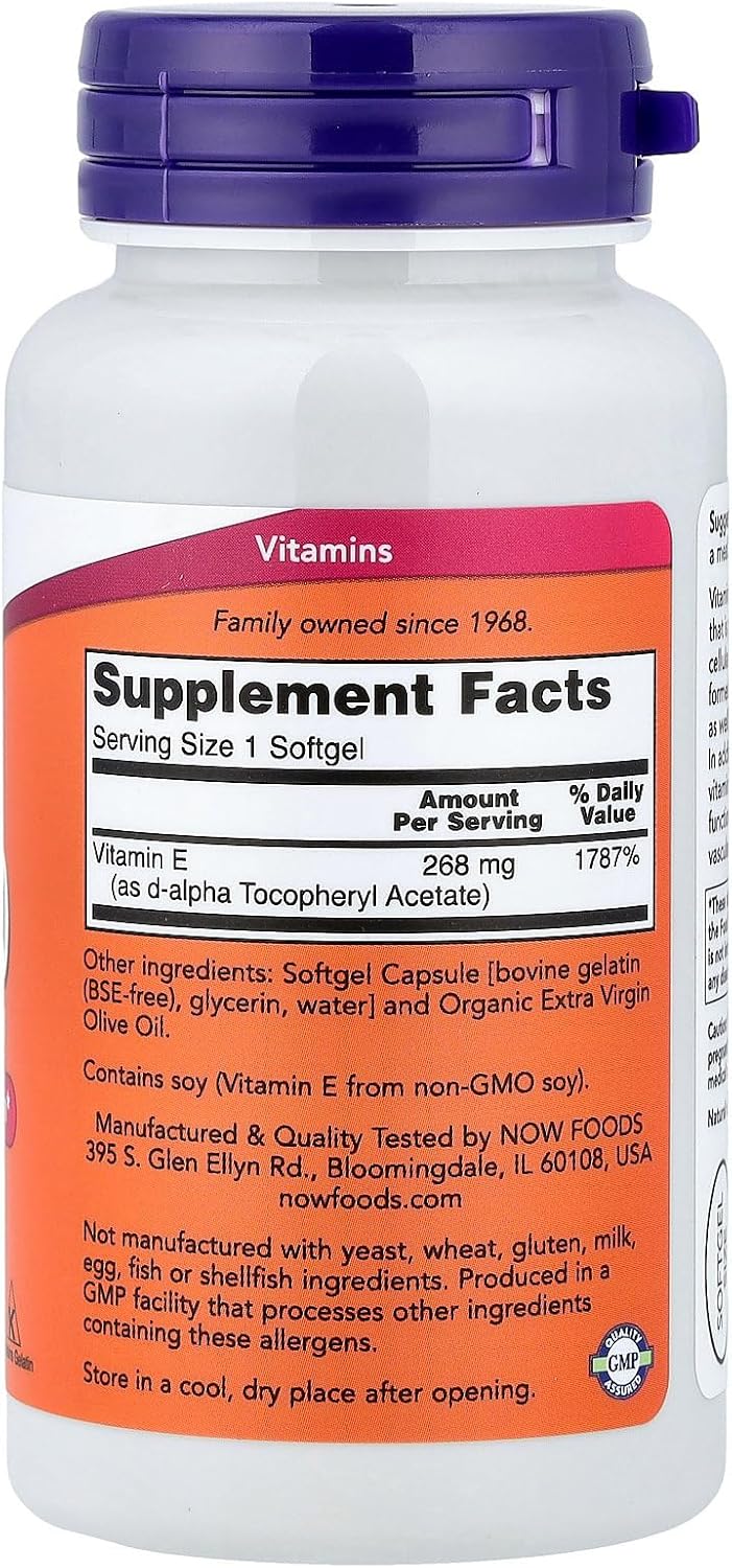 Now Foods - Vitamina E D-Alfa Tocoferil Acetato 400 UI - 100 Cápsulas Blandas